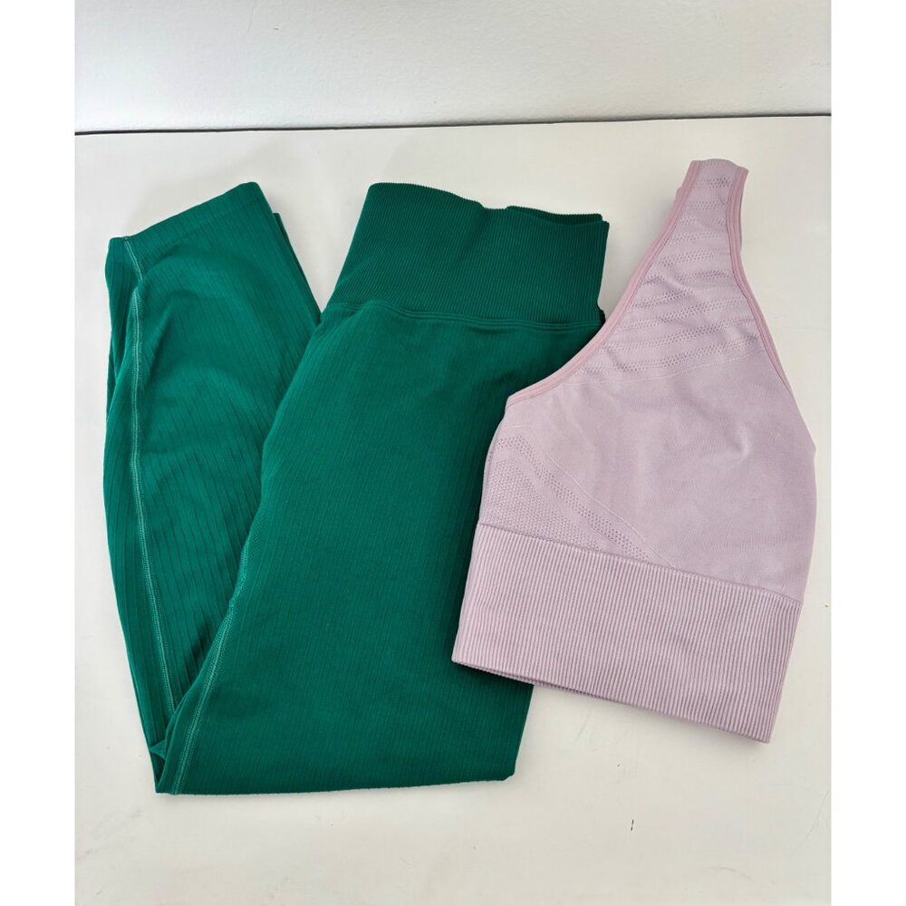 Pink VS XL Ribbed Seamless Sports Bra & High Waist Leggings Compression Bundle